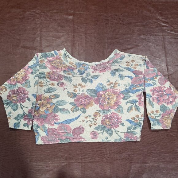VINTAGE 1990s Objects D'art Floral Cropped Boat Neck Knit Crop Top Sweater Sz: S - Picture 1 of 7